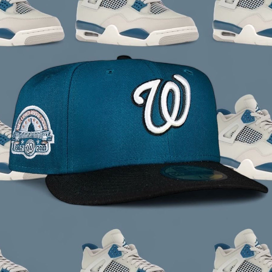 Blue cap with white logo on a blue background with sneaker pattern