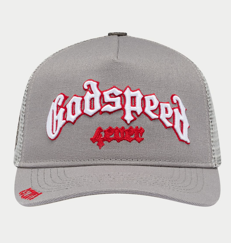 GODSPEED Forever Grey and Red Outline FOREVER TRUCKER HAT