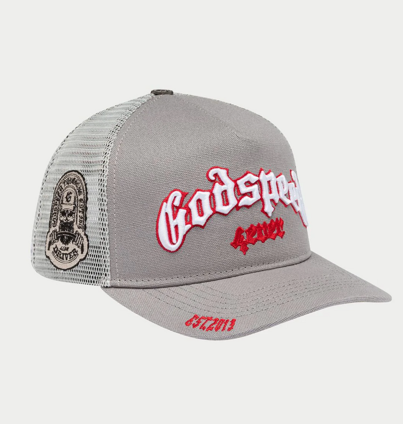 GODSPEED Forever Grey and Red Outline FOREVER TRUCKER HAT