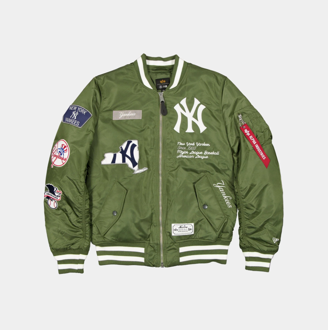 New York Yankees Olive Green Satin Bomber Jacket New Era X Alpha Industries 2025