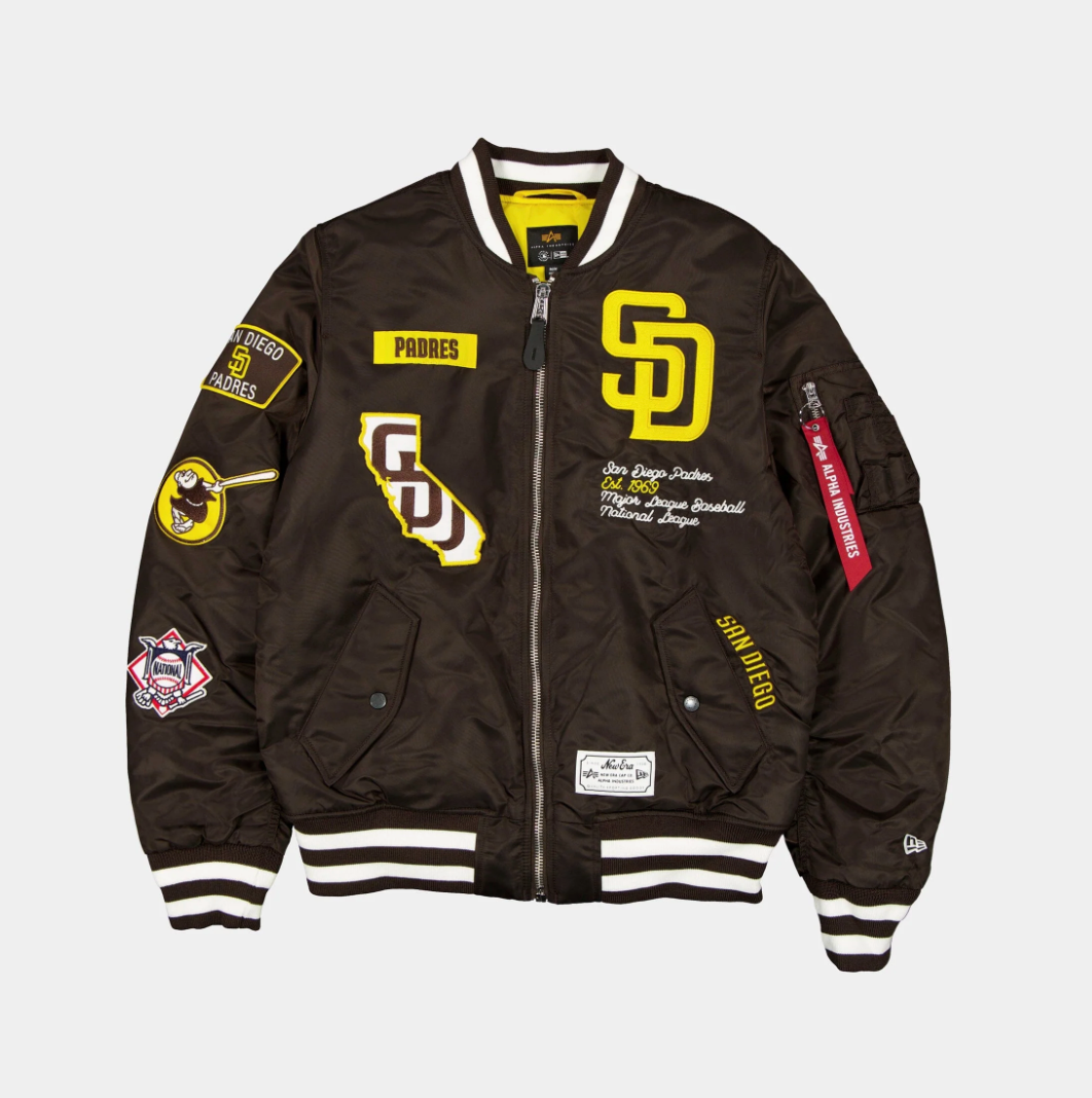 San Diego Padres Brown Satin Bomber Jacket New Era X Alpha Industries 2025