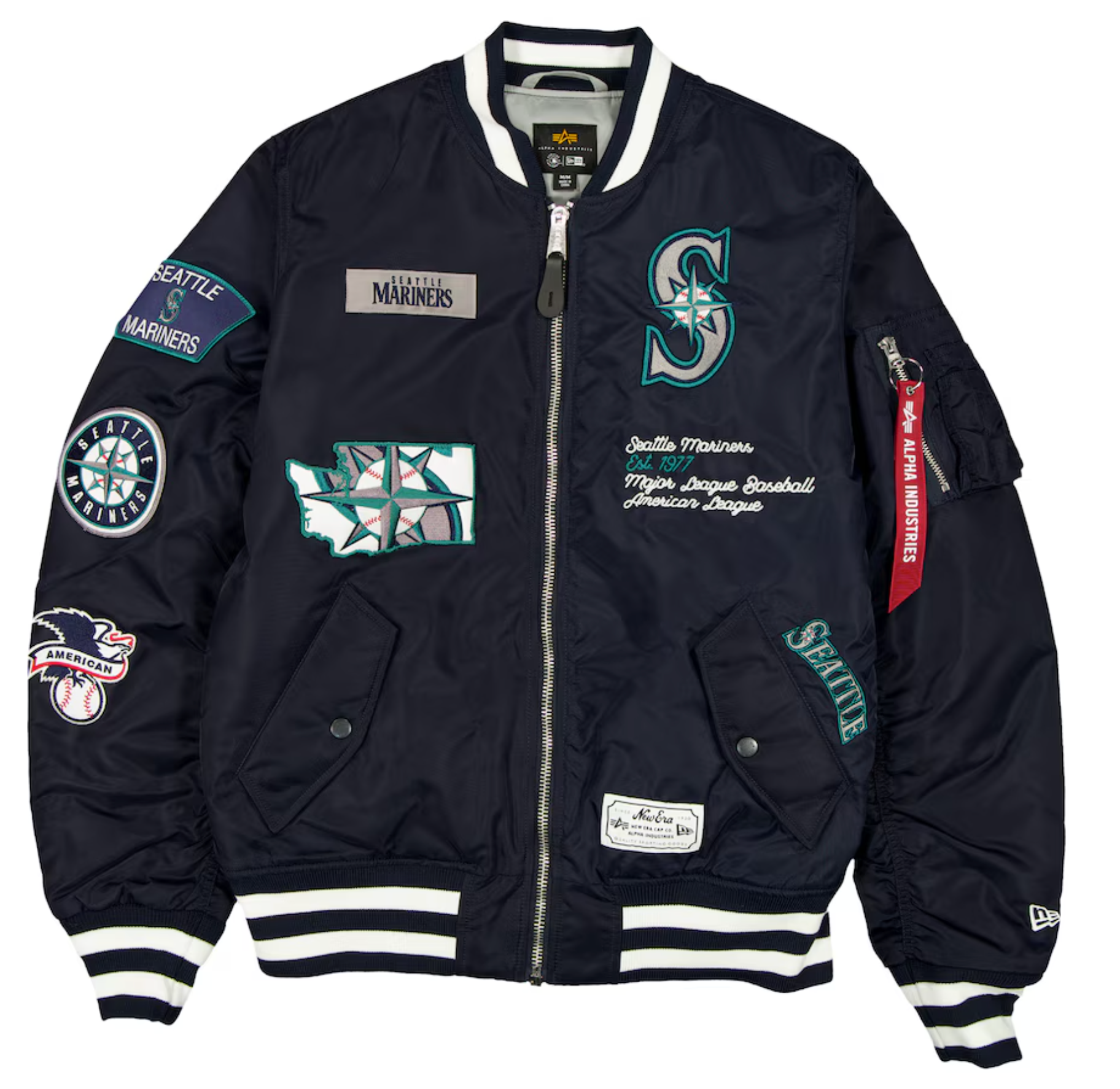 Seattle Mariners Navy Satin Bomber Jacket New Era X Alpha Industries 2025