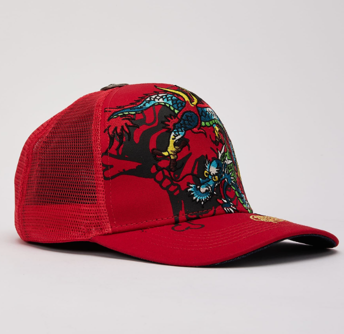 Ed Hardy Red EMBROIDERED DRAGON TRUCKER HAT